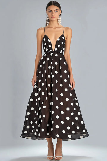 Coffee A Line Spaghetti Straps White Polka Dots Dress